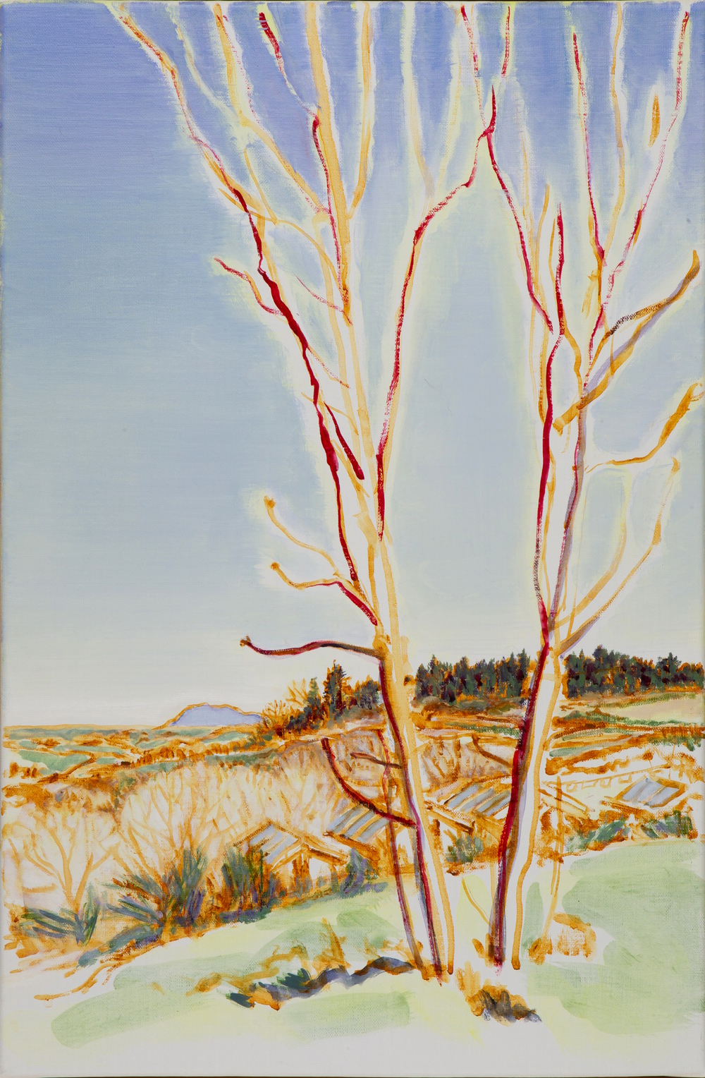 Französische Hügellandschaft mit Busch und Zelten im Hintergrund