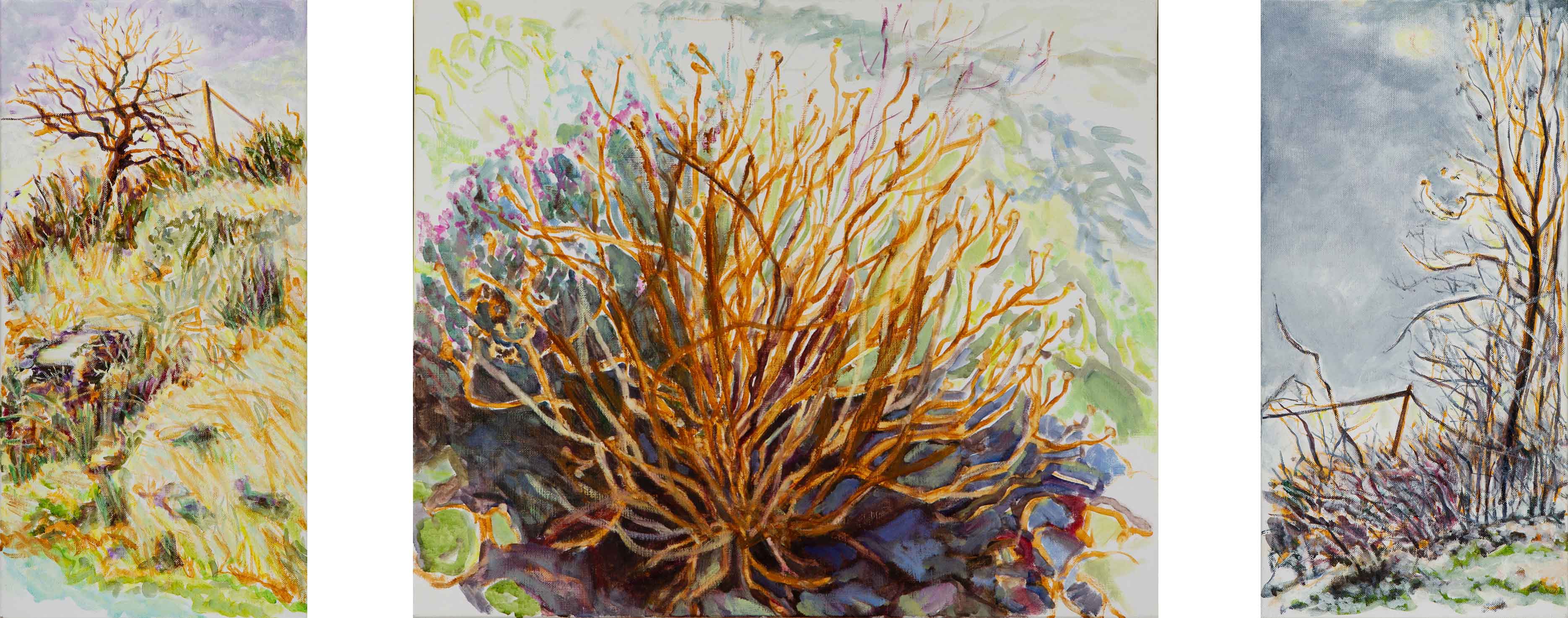 Drei Ölgemälde mit Hügel Busch Strauch