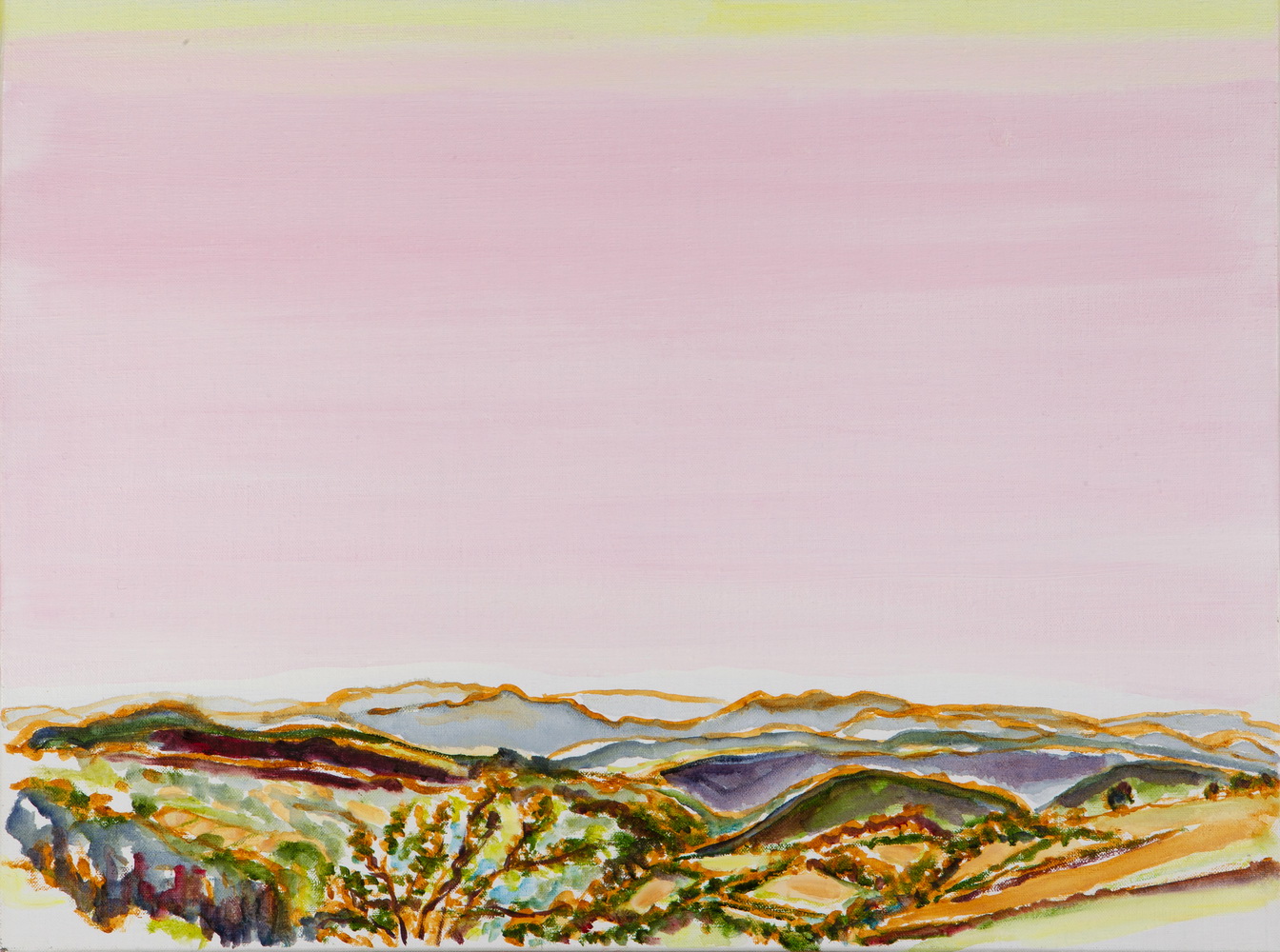 Französische Berghügel mit rosa-grünem Himmel